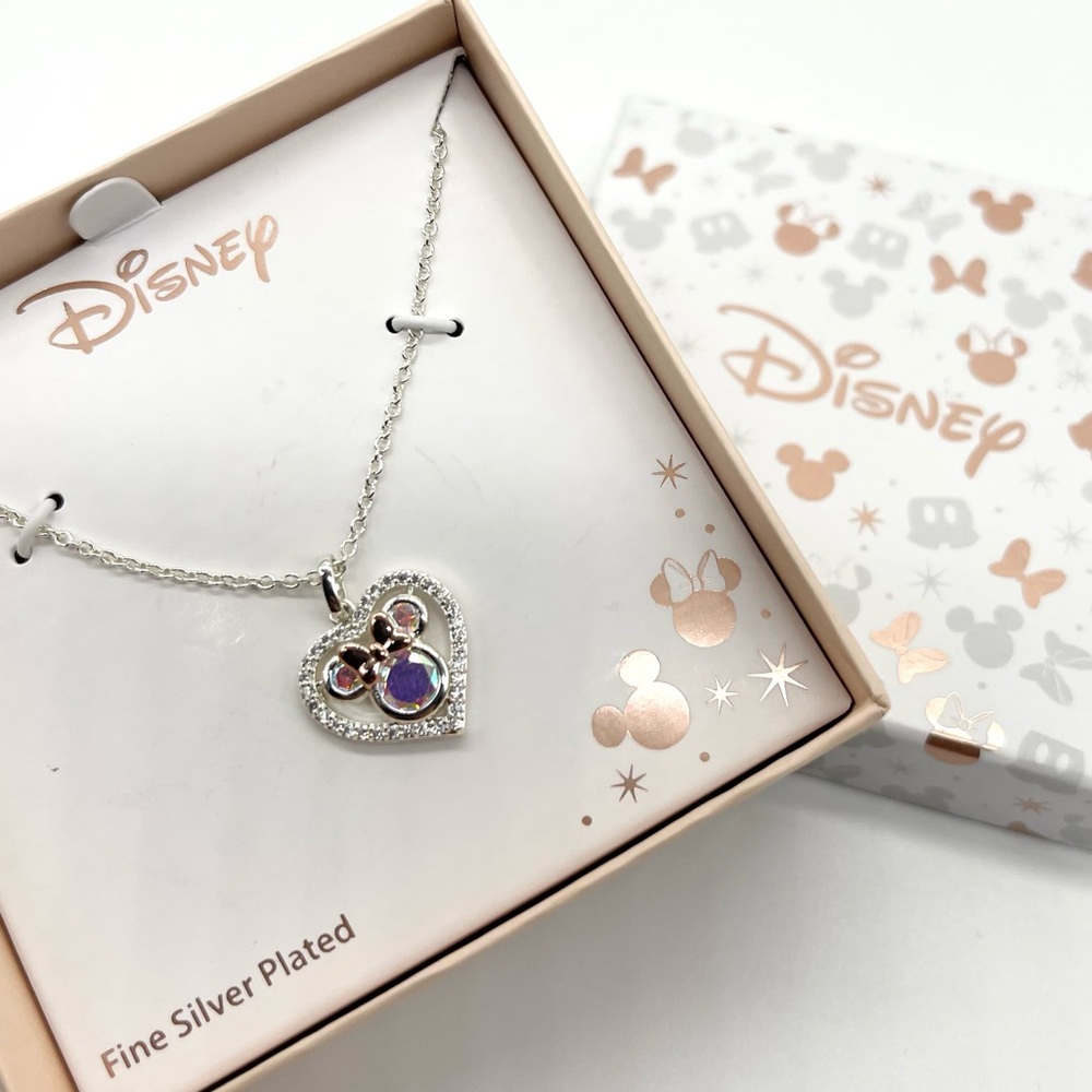 Disney Minnie Mouse Fine Silver Plated Heart Necklace Cubic Zirconia Pendant